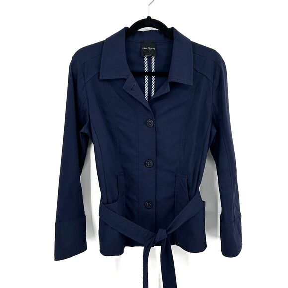 EDEN SOCIETY Women's Navy Blue Button Up Waist Tie 100% Cotton Jacket Medium - Picture 1 of 7